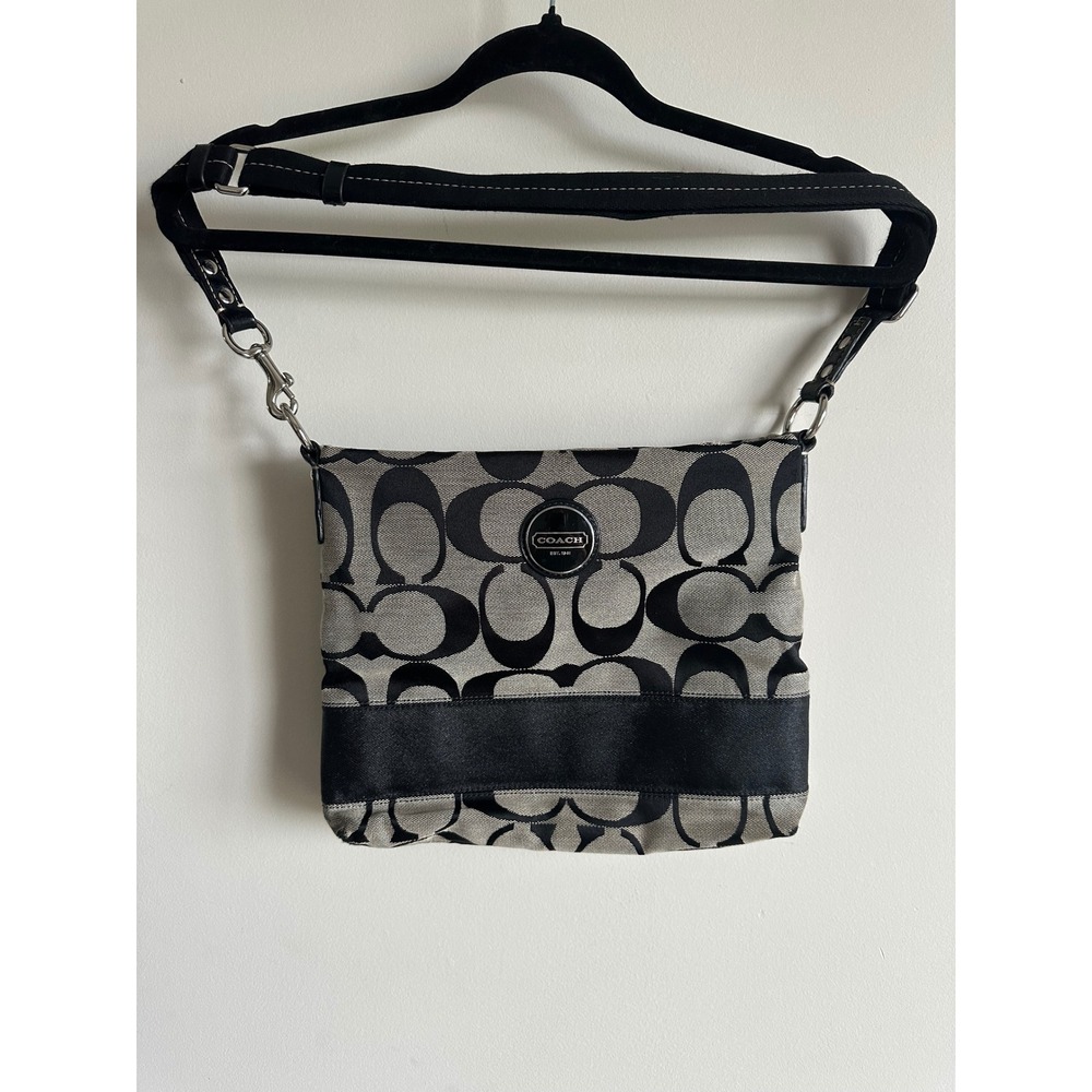 Coach Signature Stripe Swingpack File Crossbody Black Grey Monogram F17435